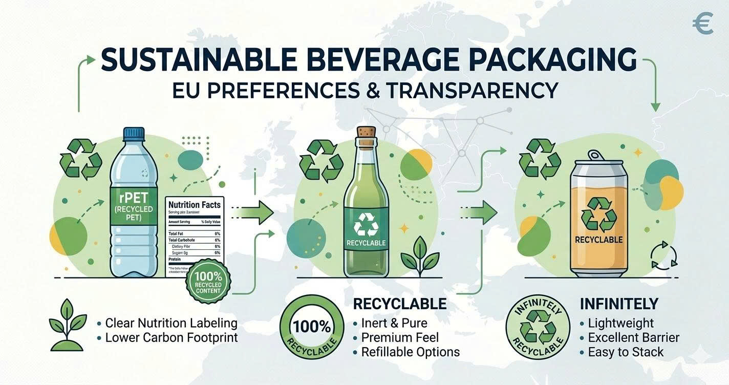 SUSTAINABLE BEVERAGE PACKAGING INFOGRAPHIC: rPET, GLASS, AND ALUMINUM CANS WITH NUTRITION FACTS FOR THE EU MARKET.