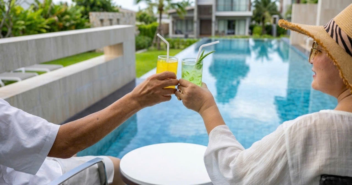 Aloe vera drink vs fruit juice taste comparison showing sweet fruit juice and light, refreshing aloe vera drink with modern texture experience