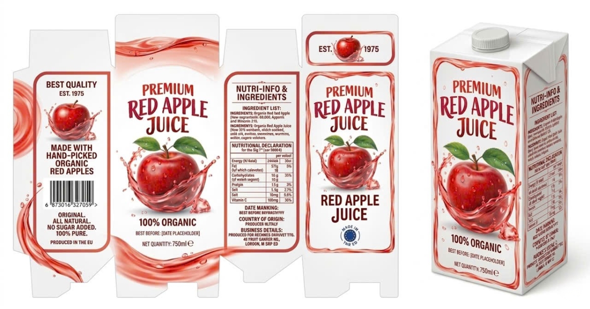 EU beverage labels must clearly list name, ingredients, nutrition, quantity, date, origin, and business info