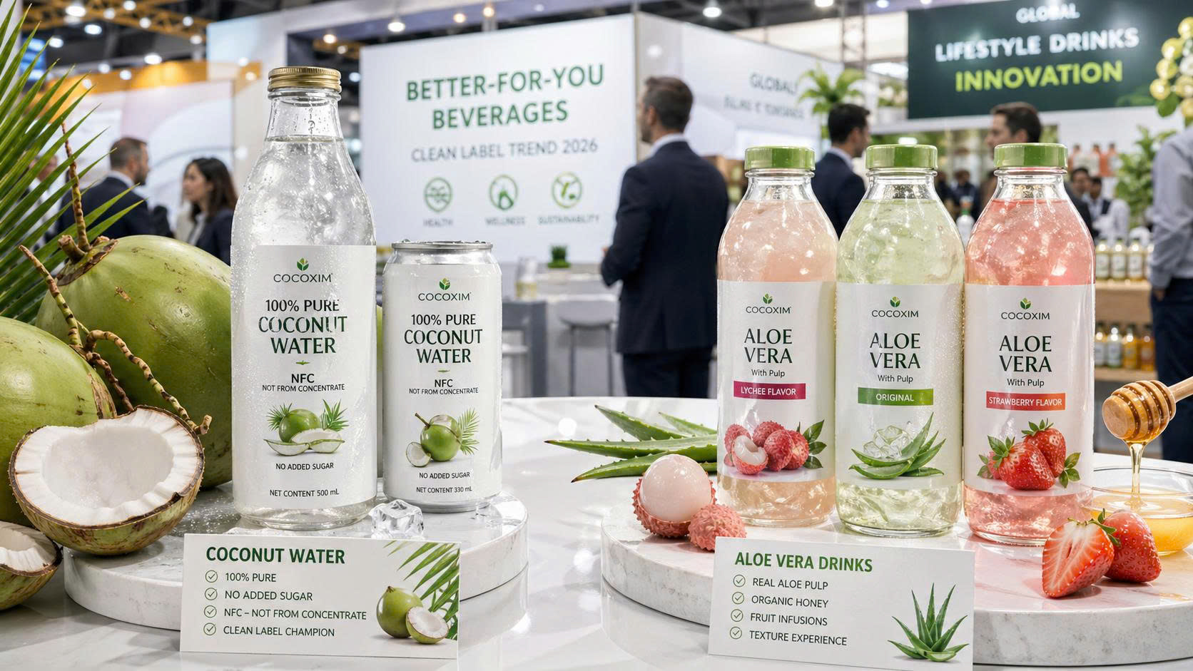 A modern international beverage trade show setting features two prominent product groups: on the left are bottled and canned pure coconut water labeled ‘100% Pure’, ‘No Added Sugar’, and ‘NFC’; on the right are aloe vera drinks with fruity variations such as lychee and strawberry.