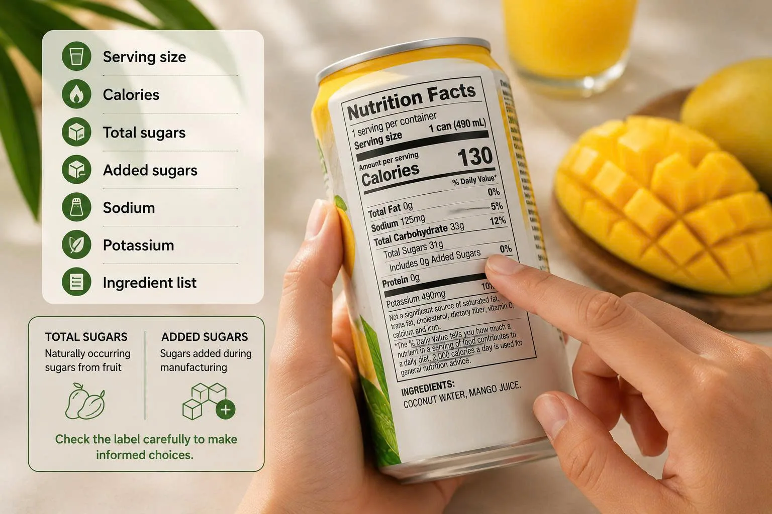 Consumer reading the nutrition facts label on a flavored tropical beverage can, highlighting serving size, calories, sugars, sodium, potassium, and ingredients before purchase.