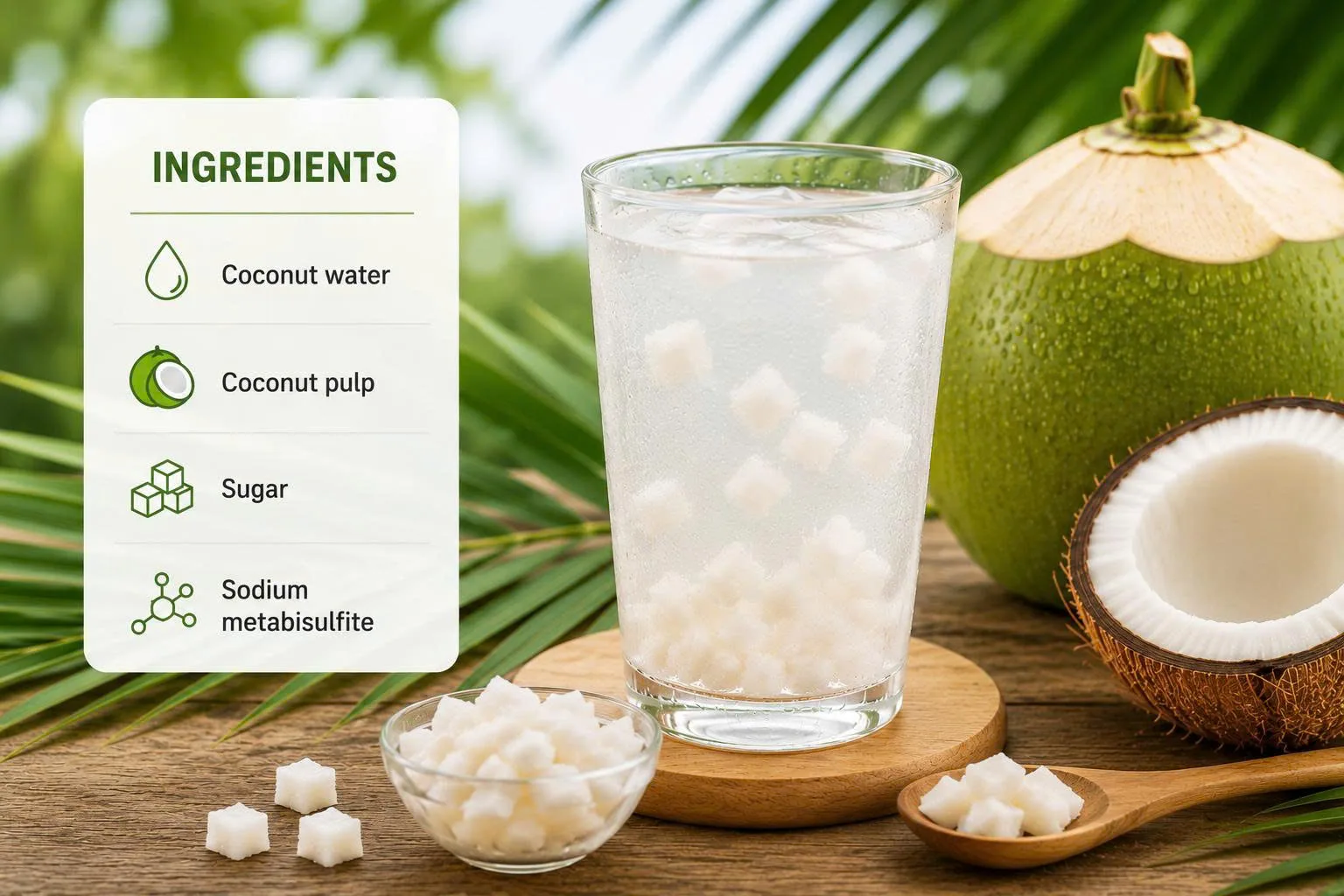Glass of coconut water with small coconut pulp pieces, fresh young coconut, and ingredient panel showing coconut water, coconut pulp, sugar, and sodium metabisulfite.