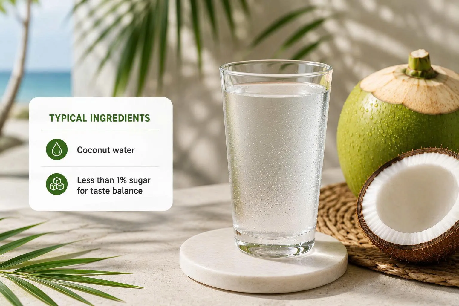 Glass of original coconut water with fresh young coconut and ingredient panel showing coconut water and less than 1% sugar for taste balance.
