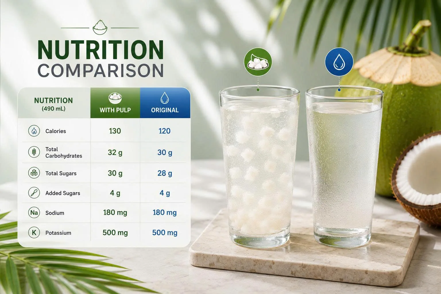 Comparison of coconut water with pulp and original coconut water nutrition values.