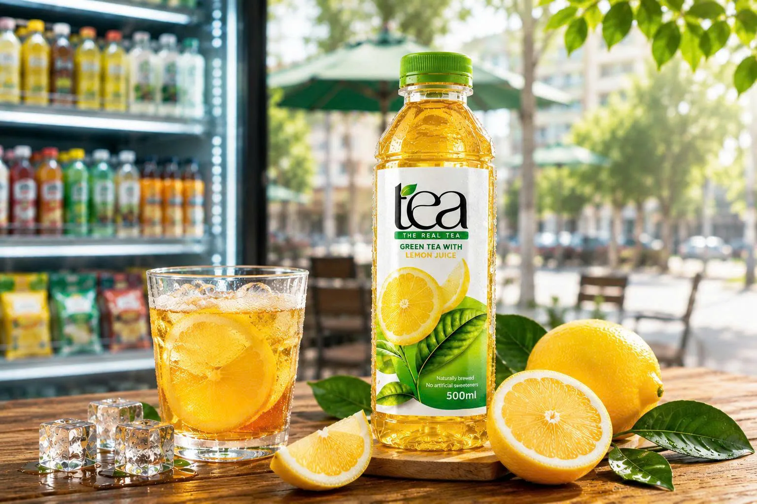 Ready-to-drink lemon tea with fresh lemons in a convenience store setting.