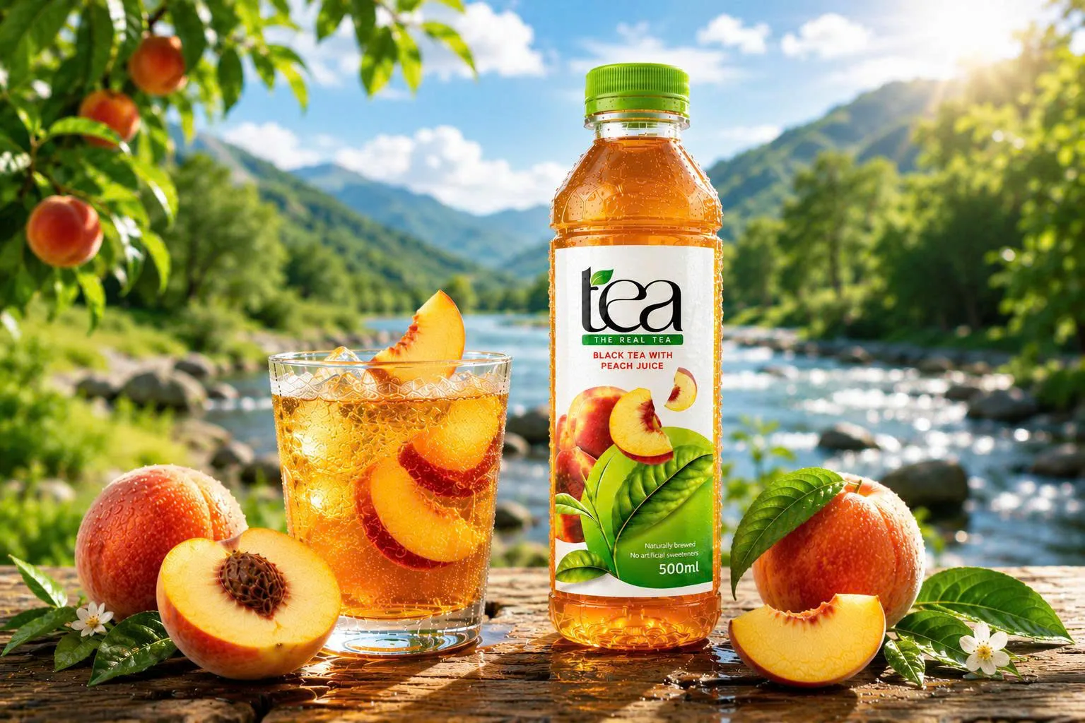 Ready-to-drink peach tea bottle with fresh peaches and iced tea in a natural outdoor setting, showcasing a refreshing fruit tea for supermarkets, convenience stores, and foodservice.