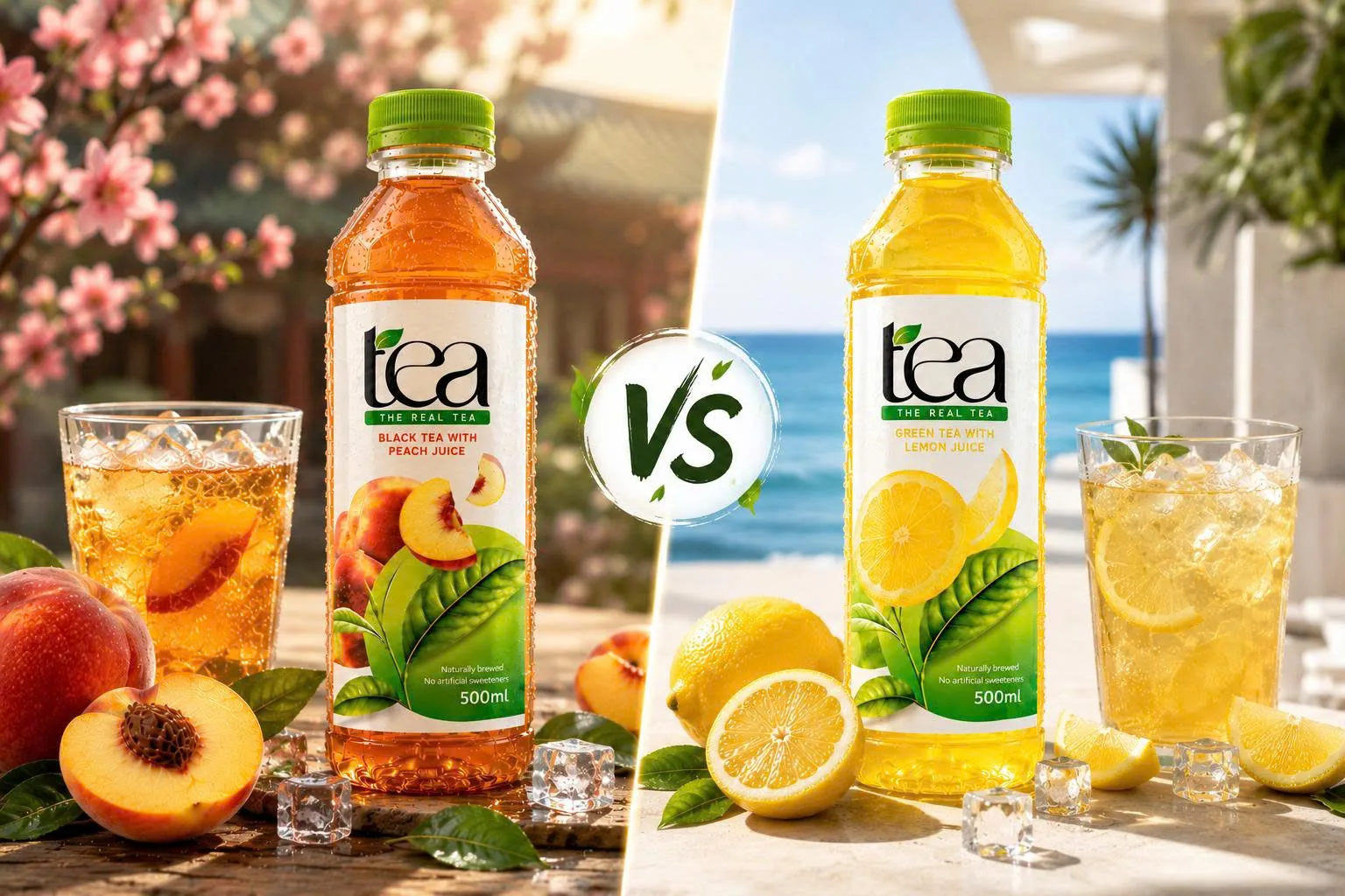 Peach tea vs lemon tea in ready-to-drink bottles for global retail.