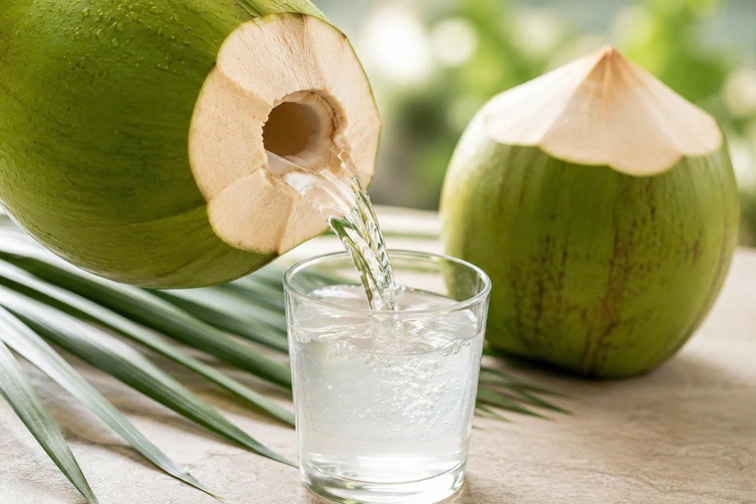 Fresh coconut water poured directly from a young green coconut into a glass, illustrating pure 100% juice coconut water in its natural form.