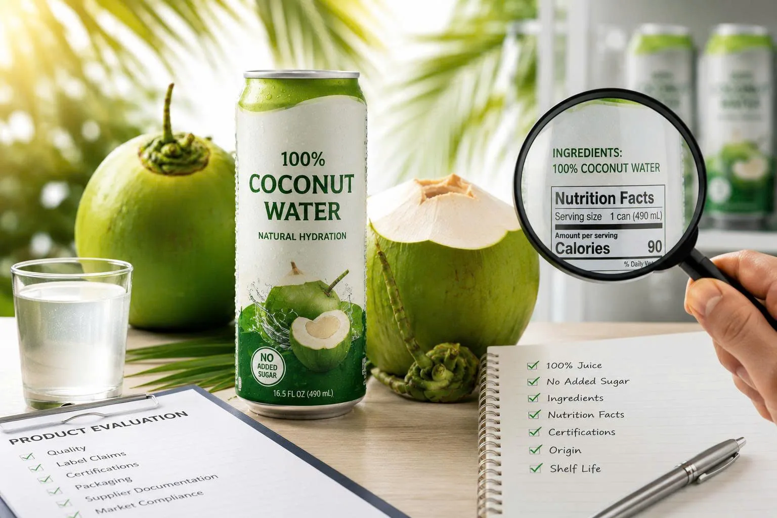 100% juice coconut water can displayed with fresh coconuts, product label evaluation, and nutrition facts to illustrate how buyers verify coconut water claims and ingredients.
