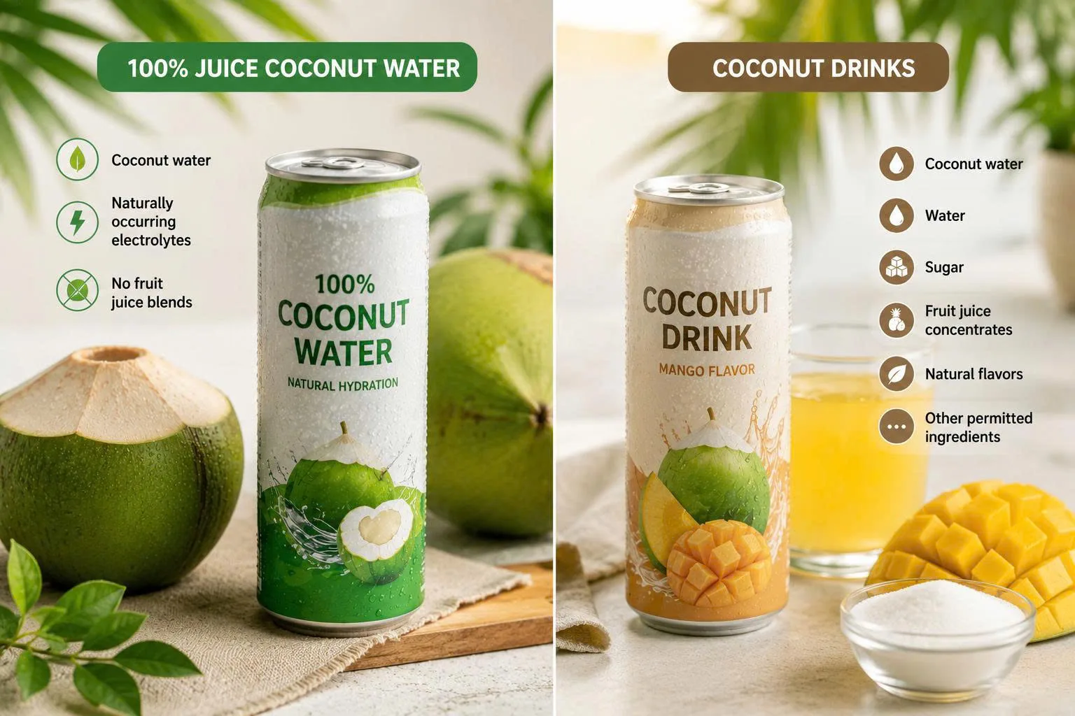 Comparison between 100% juice coconut water and coconut drinks, highlighting differences in ingredients, formulation, and product positioning for consumers and beverage buyers.