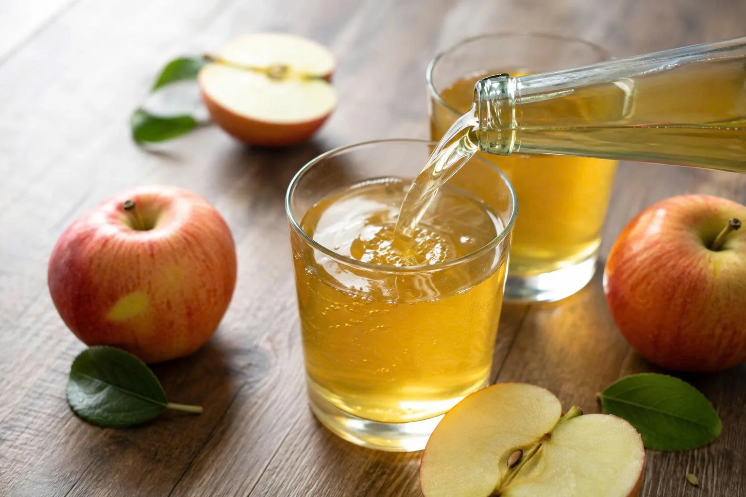 Fresh apple juice poured into a glass, illustrating a juice beverage before concentration or reconstitution processing.