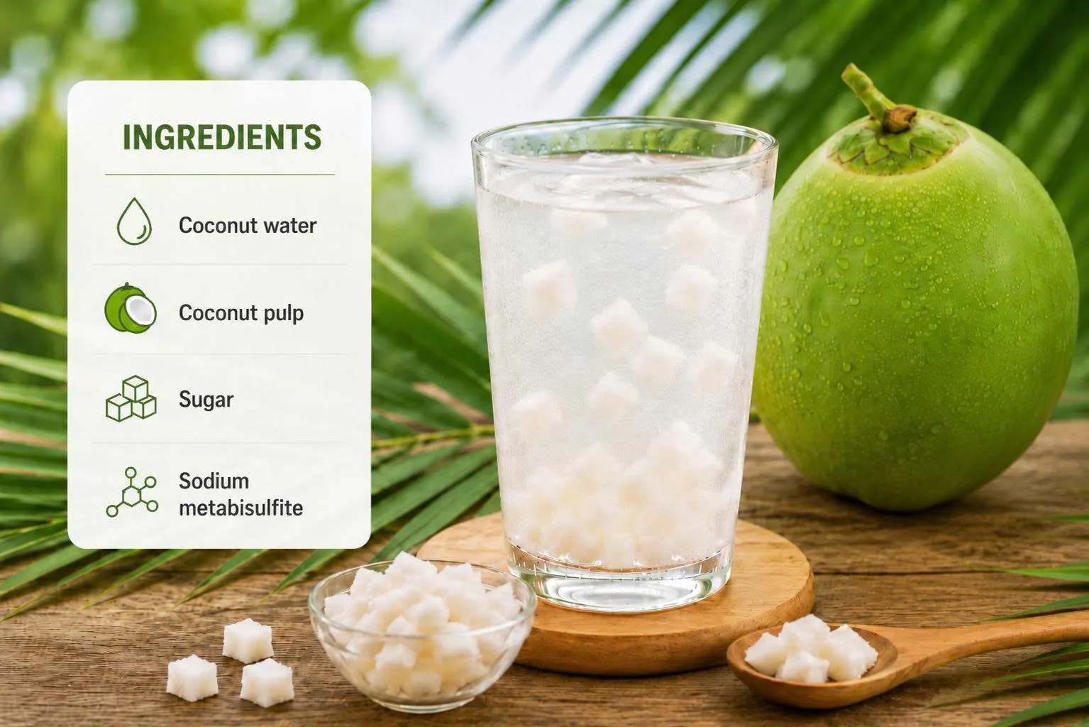 Glass of coconut water with small coconut pulp pieces, fresh young coconut, and ingredient panel showing coconut water, coconut pulp, sugar, and sodium metabisulfite.