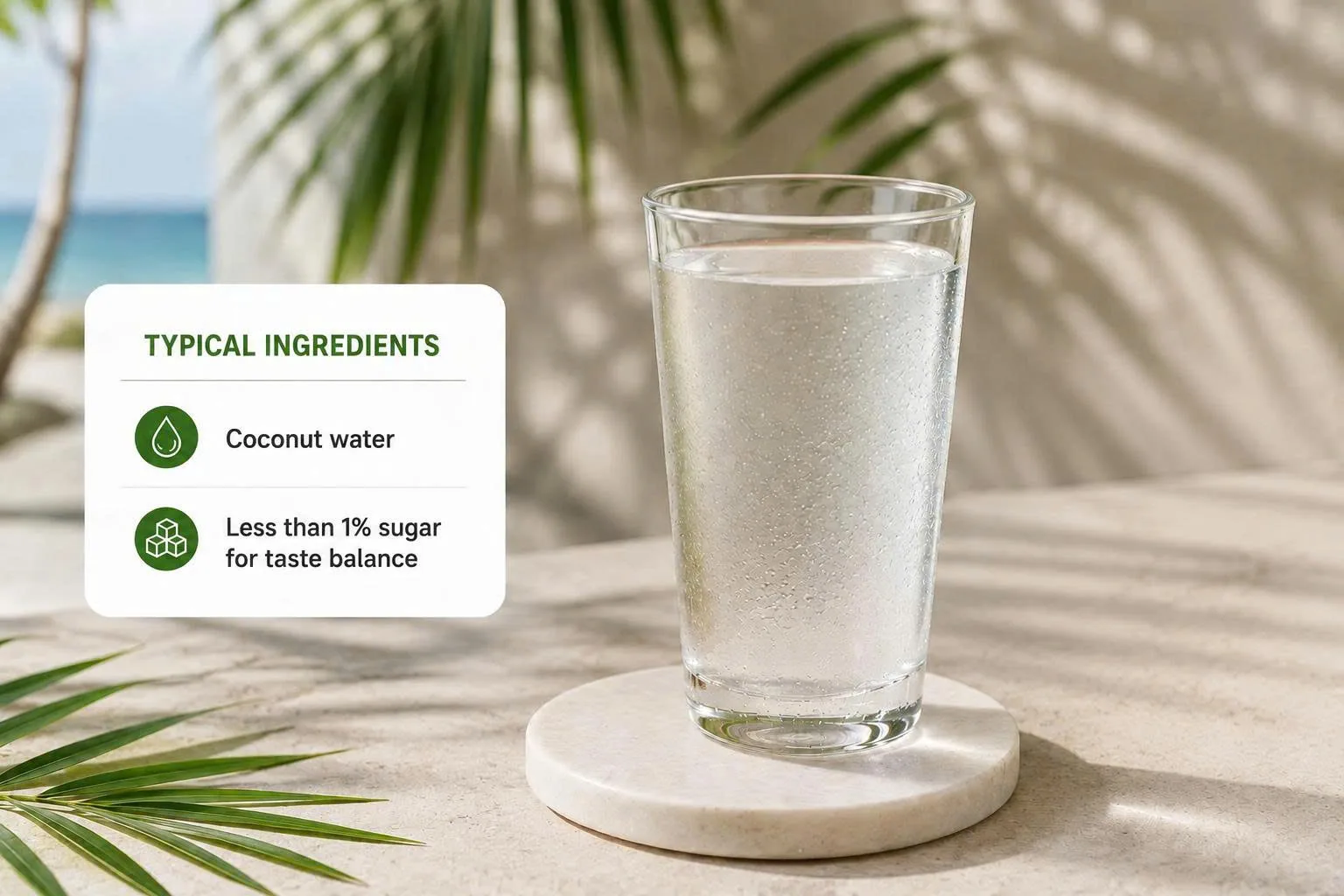 Glass of original coconut water with fresh young coconut and ingredient panel showing coconut water and less than 1% sugar for taste balance.