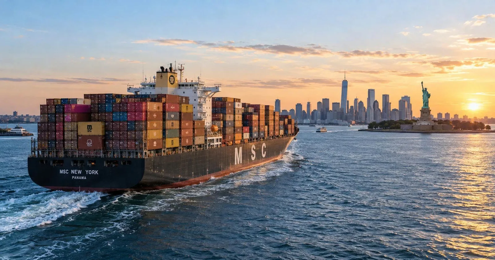 Container ship transporting coconut water brands to the U.S. market through the global beverage supply chain.