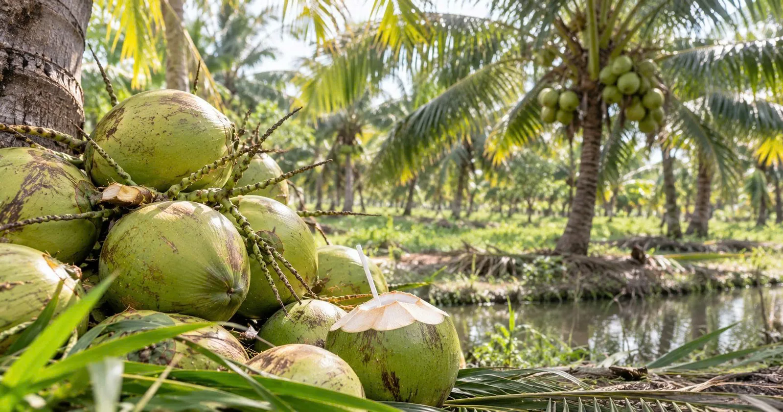 Fresh green coconuts from a tropical plantation, highlighting the natural origin behind coconut water brands and products.