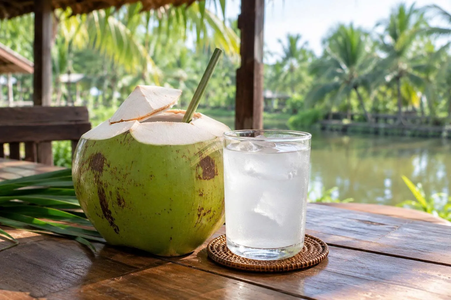 Fresh coconut water in a glass representing taste, color, clarity and sensory consistency in product evaluation.