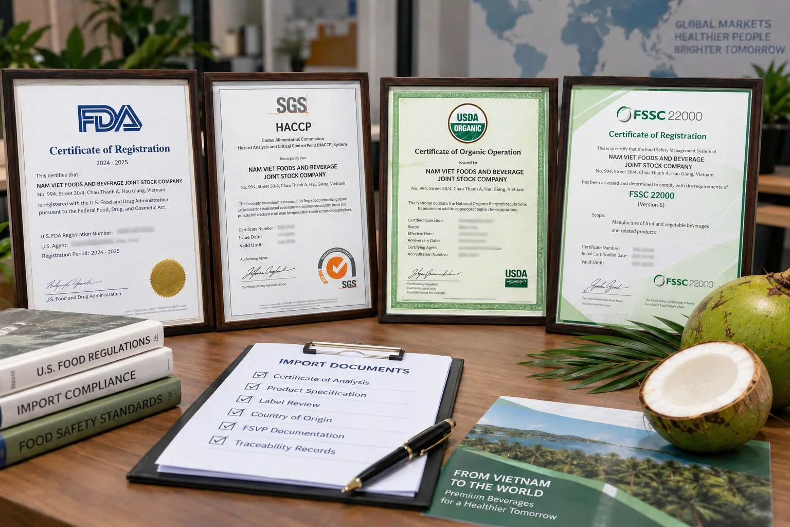 FDA registration, HACCP, USDA Organic and Quality documentation certifications supporting coconut water compliance for the U.S. market.
